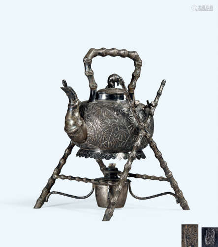 19世纪 银制浮雕竹纹竹节柄暖壶（原配小暖炉及托架）