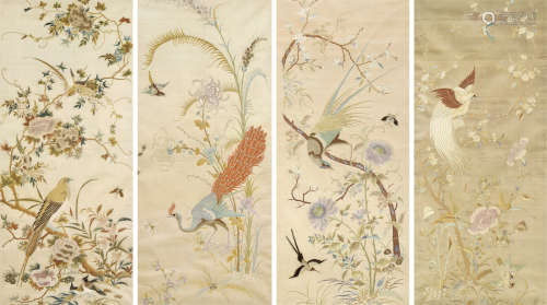 19世纪 广绣花鸟纹四条屏