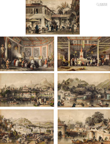 19世纪 广州西关街景水粉画 （一套）