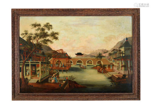 18世纪 荔湾风景图布面广东油画