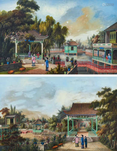 19世纪 伍秉鉴后花院水粉彩画 （一对）