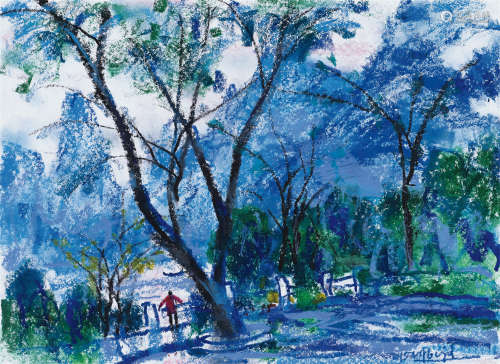 陈钧德（1931～2019） 2015年作 江畔烟雨 纸本油画棒