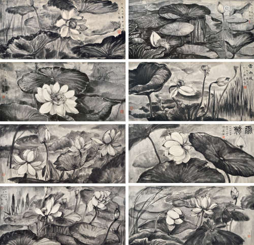 王济远（1893～1975） 1961-1962年作 墨荷图 （一组八件） 纸本水墨