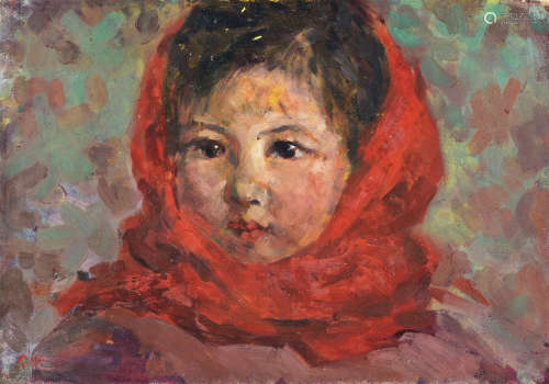 罗尔纯（1930～2015） 1978年作 戴红头巾的女孩 纸板油画