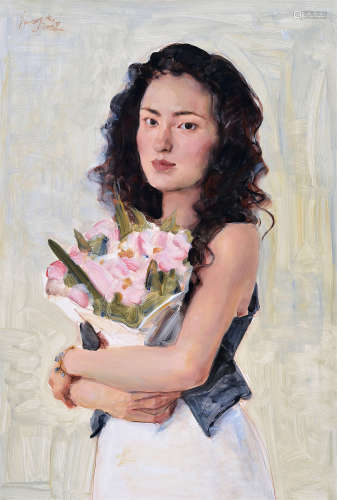 庞茂琨（b.1963） 2008年作 捧花少女 纸本油画