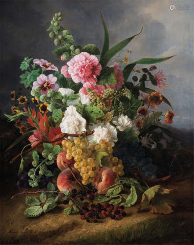 埃斯特尔·莫内·拉韦尔皮利埃（19世纪，法国） 静物 水果、花卉 布面油...