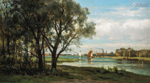 埃得蒙·德·尚佩勒（1824～1899，比利时） 1877年作 斯凯尔特河风光 木...