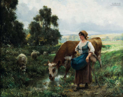 朱利安·杜普（1851～1910，法国） 阿尔克牧场的牧羊人和羊群 布面油画
