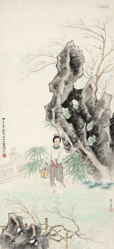 金城（1877～1926）俞明（1884～1935） 1924年作 执扇仕女 立轴 设色纸...
