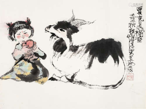 程十发（1921～2007） 1982年作 少女与羊 镜框 设色纸本