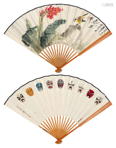 唐云（1910～1993）铁斋 花鸟、脸谱 成扇 设色纸本