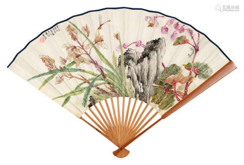 潘静淑（1892～1939） 1931年作 海棠兰石 成扇 设色纸本