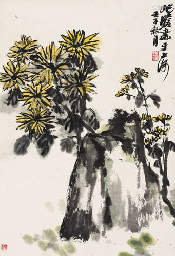 朱屺瞻（1892～1996） 菊花寿山 立轴 设色纸本