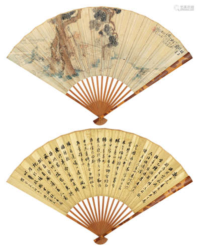 钱慧安（1833～1911）万涵（清） 授书图、书法 成扇 设色纸本