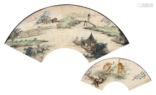 吴青霞（1910～2008）经柏华 田园风情、双虎 镜片 设色纸本