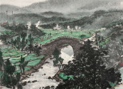 傅抱石（1904～1965） 1964年作 韶山关公桥 镜框 设色纸本