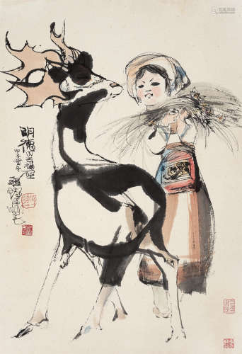程十发（1921～2007） 1984年作 少女与鹿 立轴 设色纸本