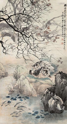 程璋（1869～1938） 1917年作 双猫图 立轴 设色纸本
