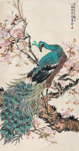 张书旂（1900～1957） 1938年作 樱花孔雀 立轴 设色纸本