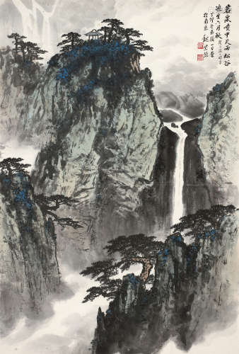 魏紫熙（1915～2002） 1987年作 松泉飞瀑 镜框 设色纸本