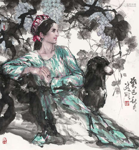 陈政明（b.1941） 2013年作 新疆女孩 镜框 设色纸本