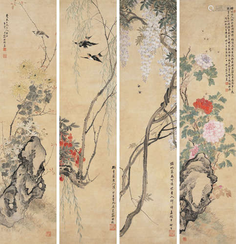 容祖椿（1872～1942） 1924年作 花鸟四屏 立轴 设色纸本