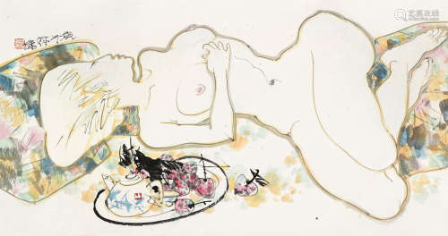 林墉（b.1942） 1990年作 裸女 镜框 设色纸本