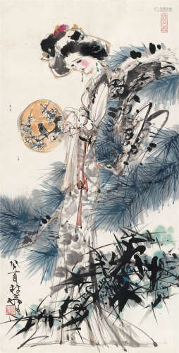 林墉（b.1942） 1993年作 执扇少女 镜框 设色纸本