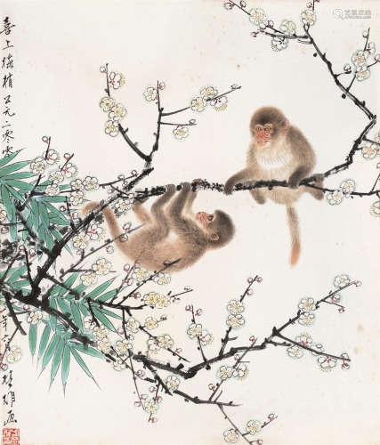 方楚雄（b.1950） 2001年作 梅花双猴 镜框 设色纸本