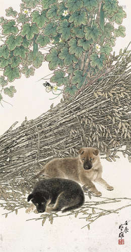 方楚雄（b.1950） 2012年作 花荫小狗 镜框 设色纸本