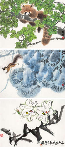 方楚雄（b.1950） 百合草虫、松鼠等三屏 镜框 设色纸本