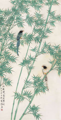 方楚雄（b.1950） 2004年作 竹林双喜 镜框 设色纸本