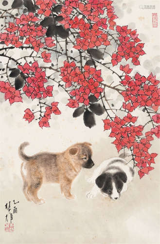 方楚雄（b.1950） 2005年作 枫叶双犬 镜框 设色纸本