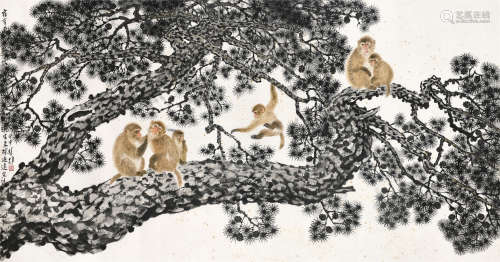 方楚雄（b.1950） 2004年作 松猴图 镜框 设色纸本