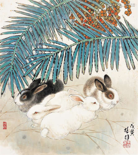 方楚雄（b.1950） 1998年作 兔 镜框 设色纸本