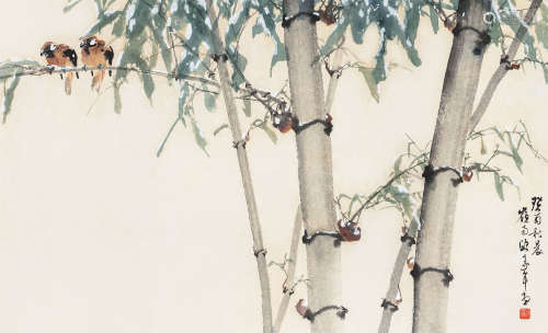 欧豪年（b.1935） 1993年作 雪景竹雀 镜框 设色纸本