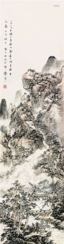 吴静山（b.1943） 1969年作 拟石溪《苍山结茅图》 镜框 设色纸本