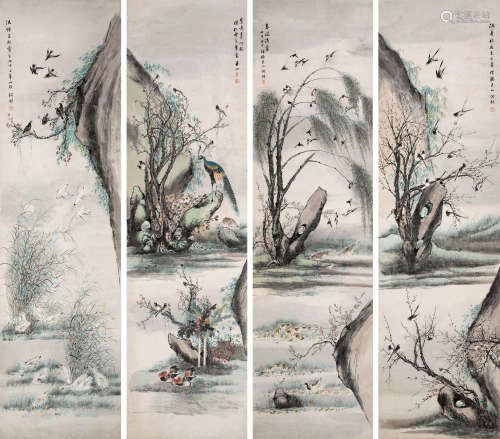 何丹山（1807～1875） 花卉珍禽四屏 立轴 设色纸本