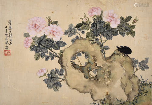 居廉（1828～1904） 天牛牡丹 镜框 设色绢本