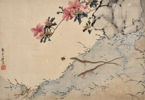 居廉（1828～1904） 壁虎 镜框 设色绢本