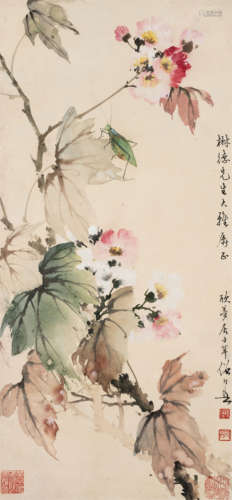 黄幻吾（1906～1985） 秋花螳螂 立轴 设色纸本