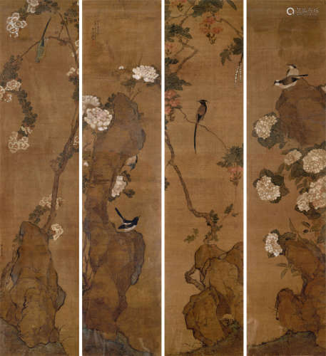 居廉（1828～1904） 1894年作 花鸟四屏 镜框 设色绢本