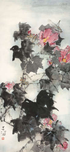 杨善深（1913～2004） 芙蓉草虫 镜框 设色纸本