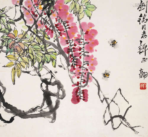 陈大羽（1912～2001） 紫藤双蜂 立轴 设色纸本