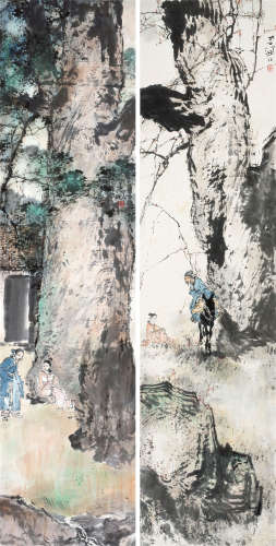 杨善深（1913～2004） 山水人物对屏 镜框 设色纸本