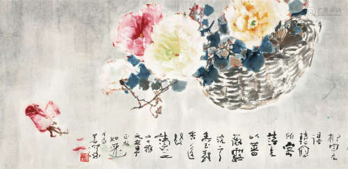 杨善深（1913～2004） 1988年作 玫瑰花篮 镜框 设色纸本