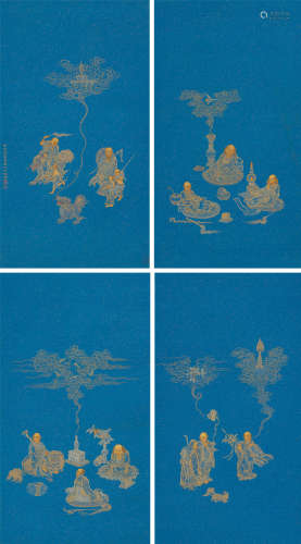 万寿祺（款） 罗汉四屏 镜框 鱼籽金粉笺