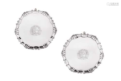 A pair of George II sterling silver salvers, London 1739 by ...