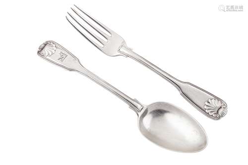 A George III sterling silver table fork and spoon, London 18...