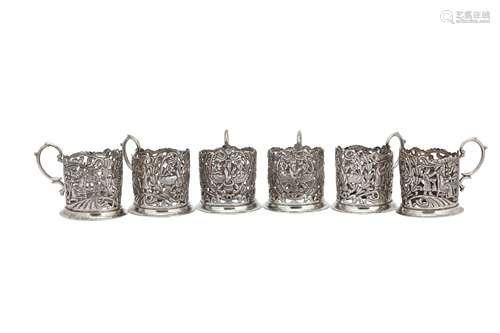 A set of six early 20th century Iranian (Persian) silver tea...